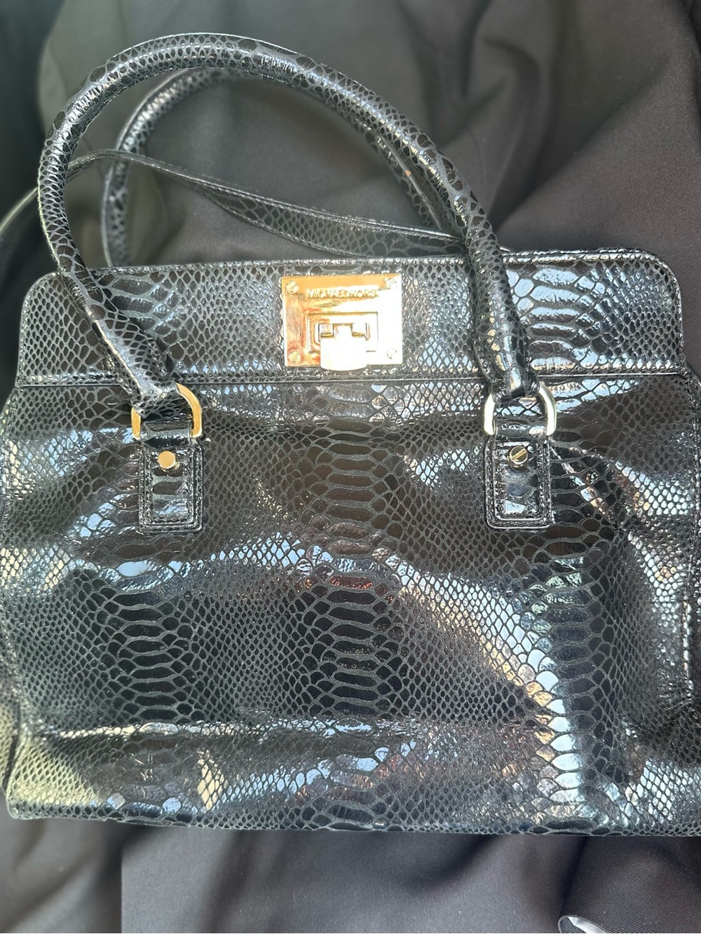 Michael Kors Black Patent Faux-Snake Satchel with Gold Hardware